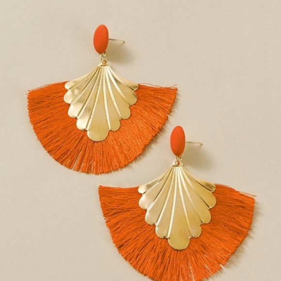 Fan Tassel Statement Earrings Orange Earrings Vacay Earrings Baecay Earrings - Picture 2 of 2